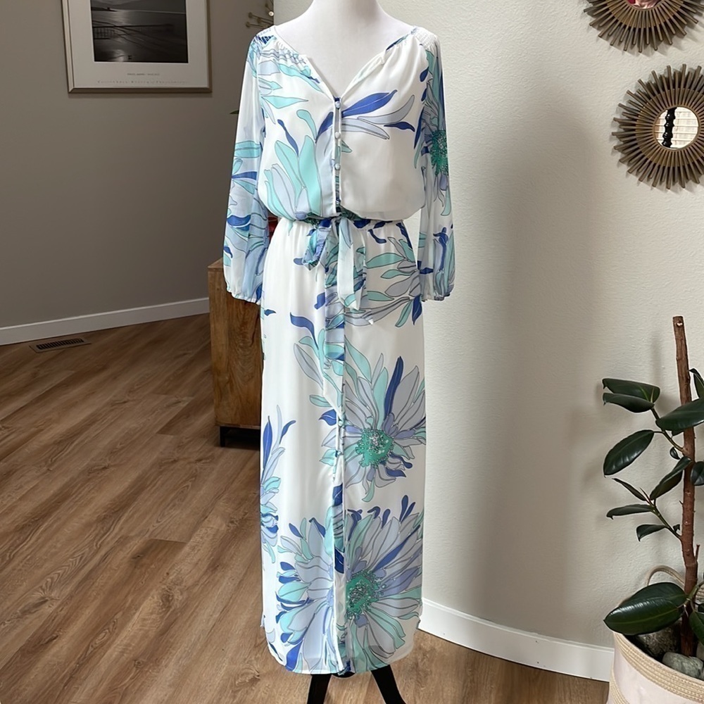 Tori Richard white and blue floral pattern maxi dress SZ 0